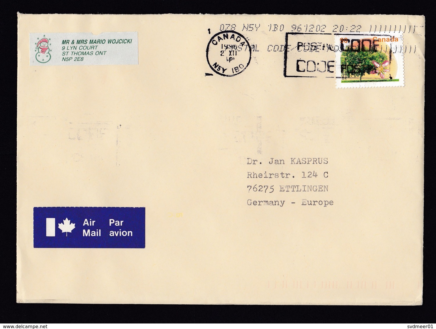 Canada: Airmail Cover To Germany, 1996, 1 Stamp, Tree Flower, TB Lung Cinderella Christmas, Air Label (traces Of Use) - Brieven En Documenten