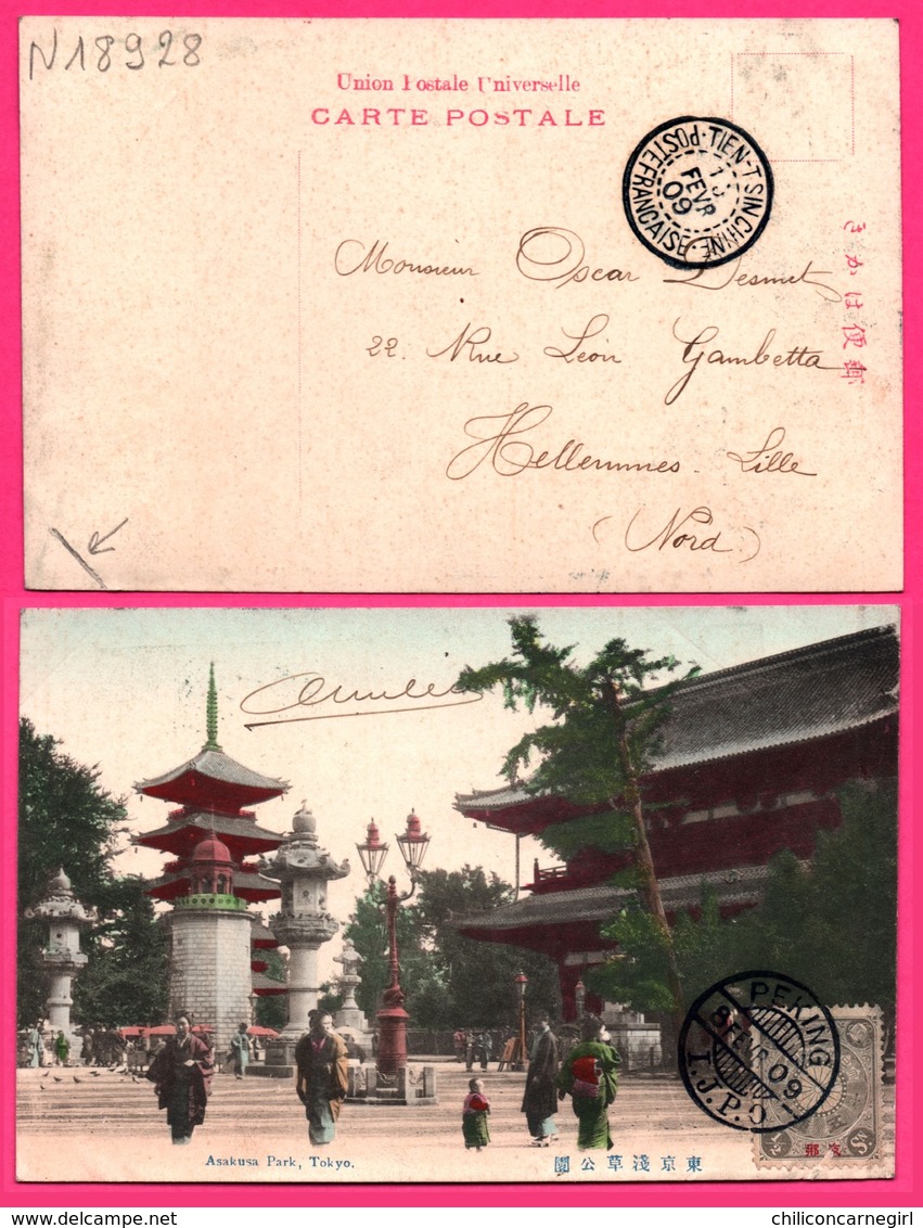 Tokyo - Asakusa Park - " Half Sen " + Poste TIEN TSIN Poste Française + PEKING I.J.P.O. 1909 Vers LILLE - Colorisée - Lettres & Documents