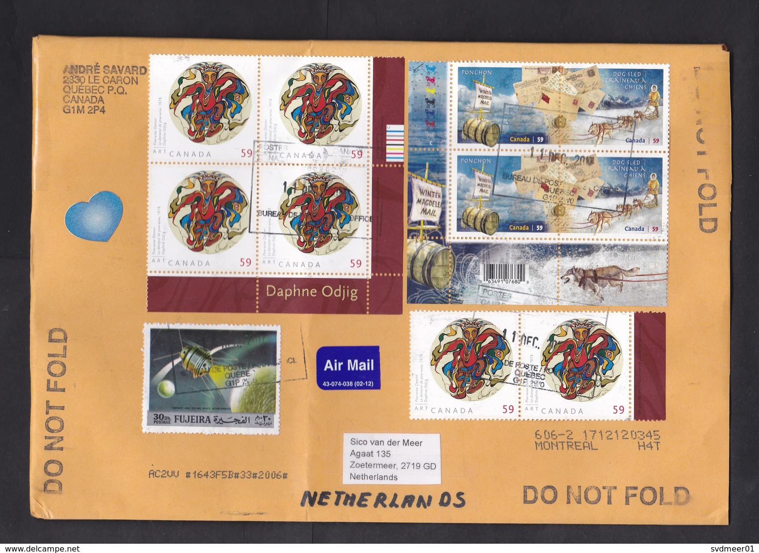 Canada: Cover To Netherlands, 2017, 12 Stamps, Dog Sled, Painting, Corner Tab (traces Of Use) - Brieven En Documenten