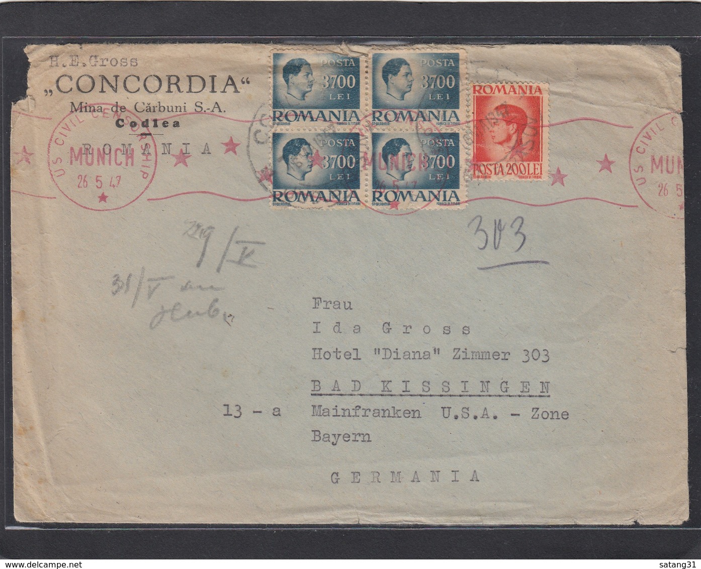 BRIEF VON CODLEA NACH BAD KISSINGEN MIT ZENSUR STEMPEL "US CIVIL CENSORSHIP,MUNICH 26-5-47". - Briefe U. Dokumente