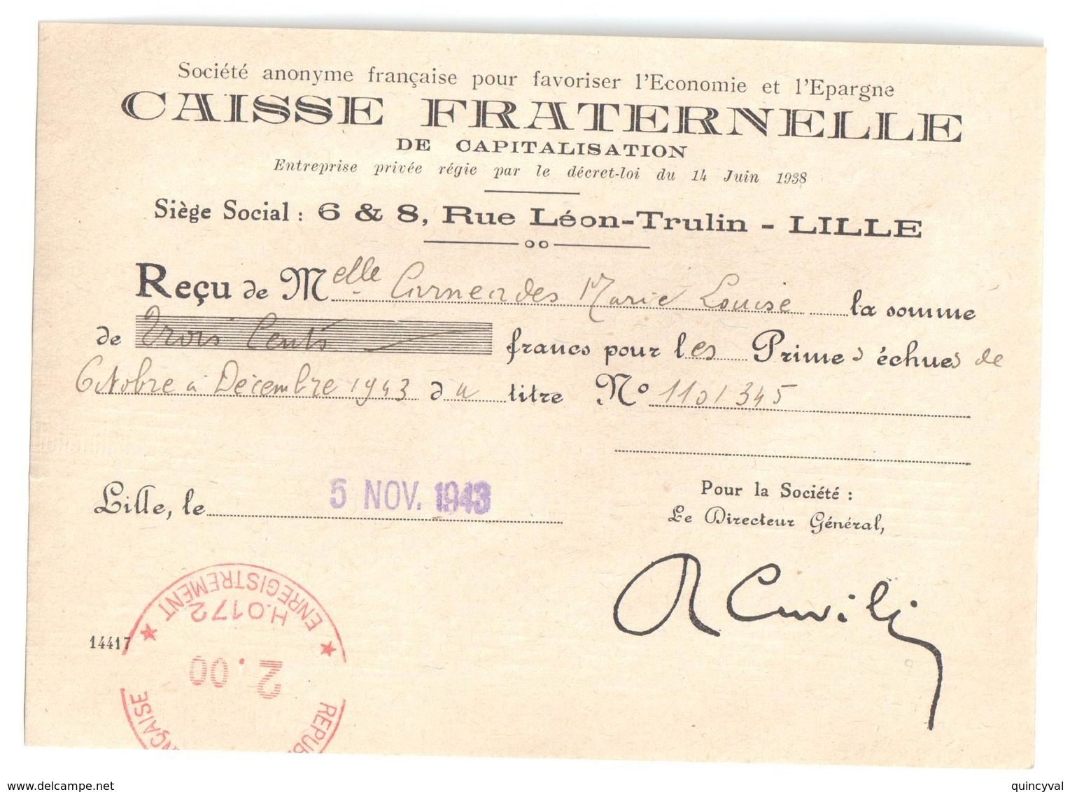 4476 LILLE Caisse FRATERNELLE Reçu  EMA H0172 Empreinte Machine Fiscale Enregistrement 1944 2,00 F - Affrancature Meccaniche Rosse (EMA)