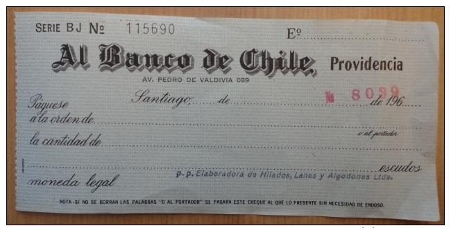 CHEQUE BANCO  DE CHILE - Cheques & Traveler's Cheques