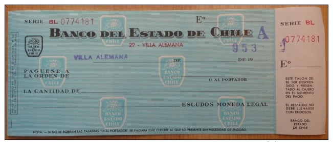 CHEQUE BANCO DEL ESTADO DE CHILE - Cheques & Traveler's Cheques