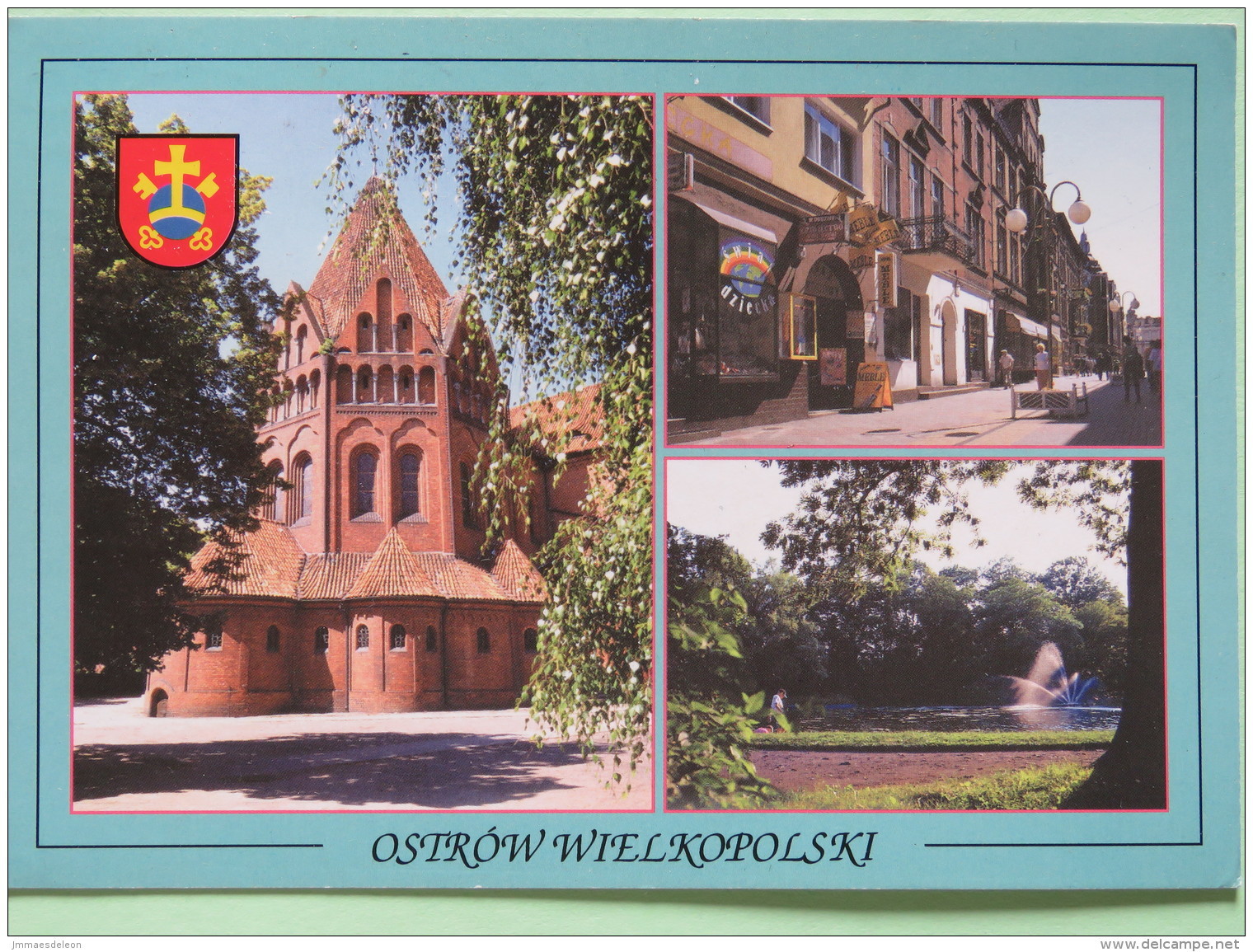 Poland 1999 Postcard ""Ostrow Wielkopolski Arms Church Fountain"" To England - Country Estates Oblegorku - Zodiac Sagitt - Poland