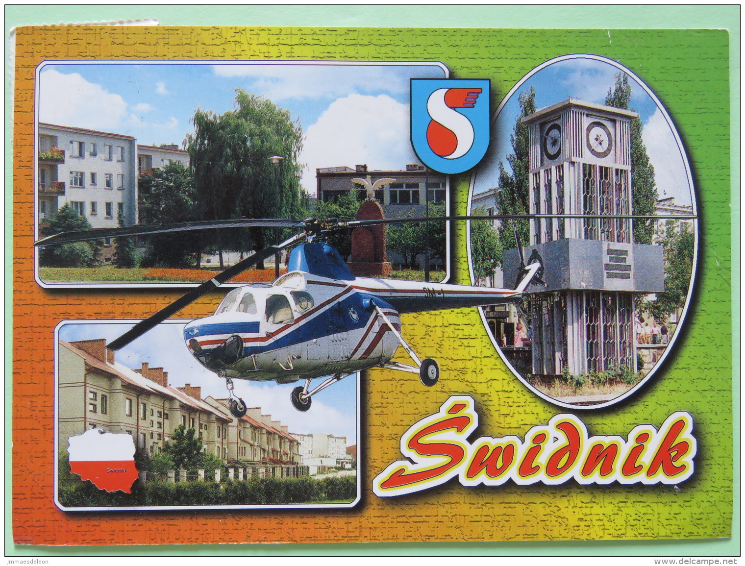 Poland 1999 Postcard ""Swidnik Helicopter Clock Tower Houses Map"" To England - Christmas Virgin And Child - Country Est - Polen