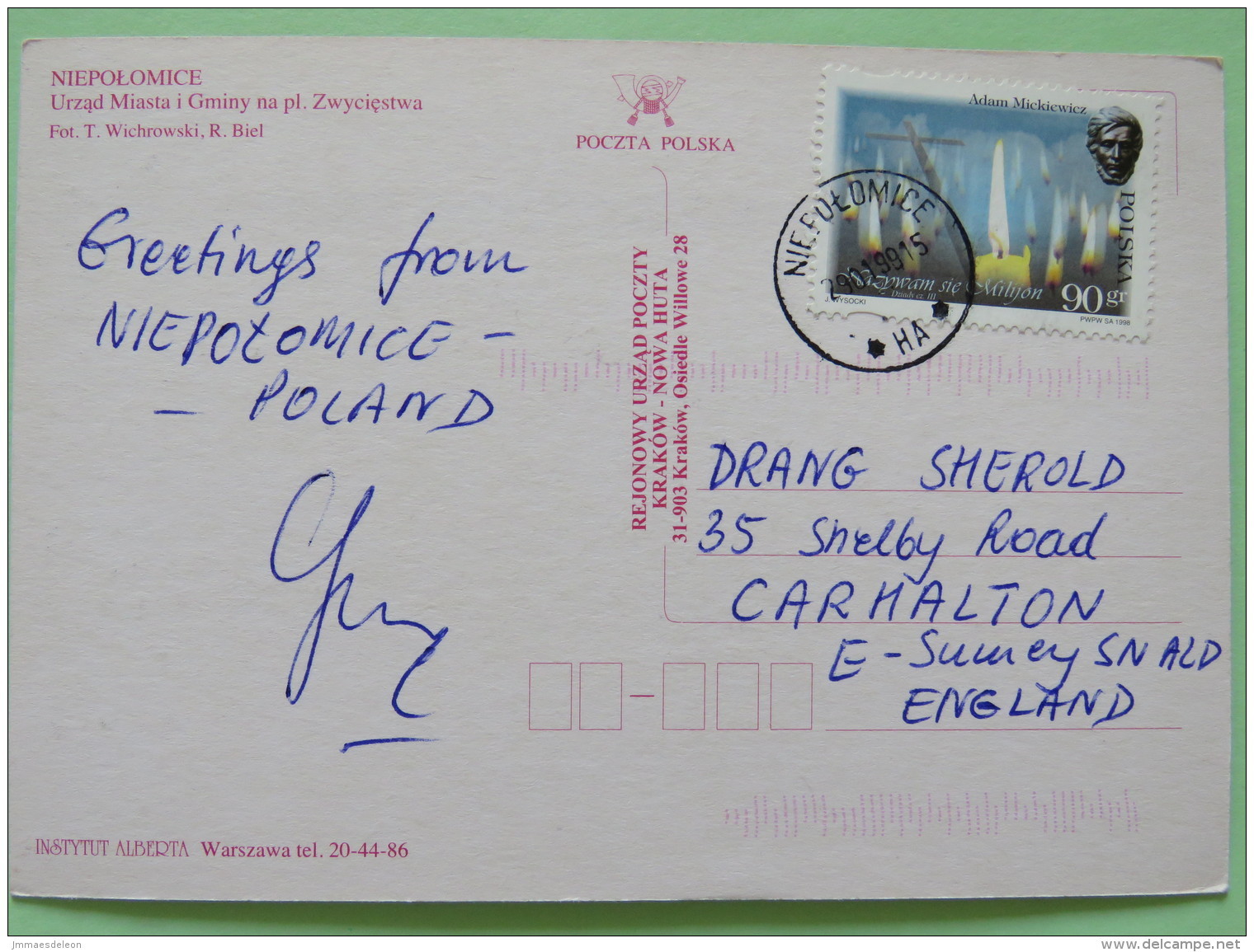 Poland 1999 Postcard ""Niepolomice Town Hall"" To England - Adam Mickiewiccz Poet Writer - Poland