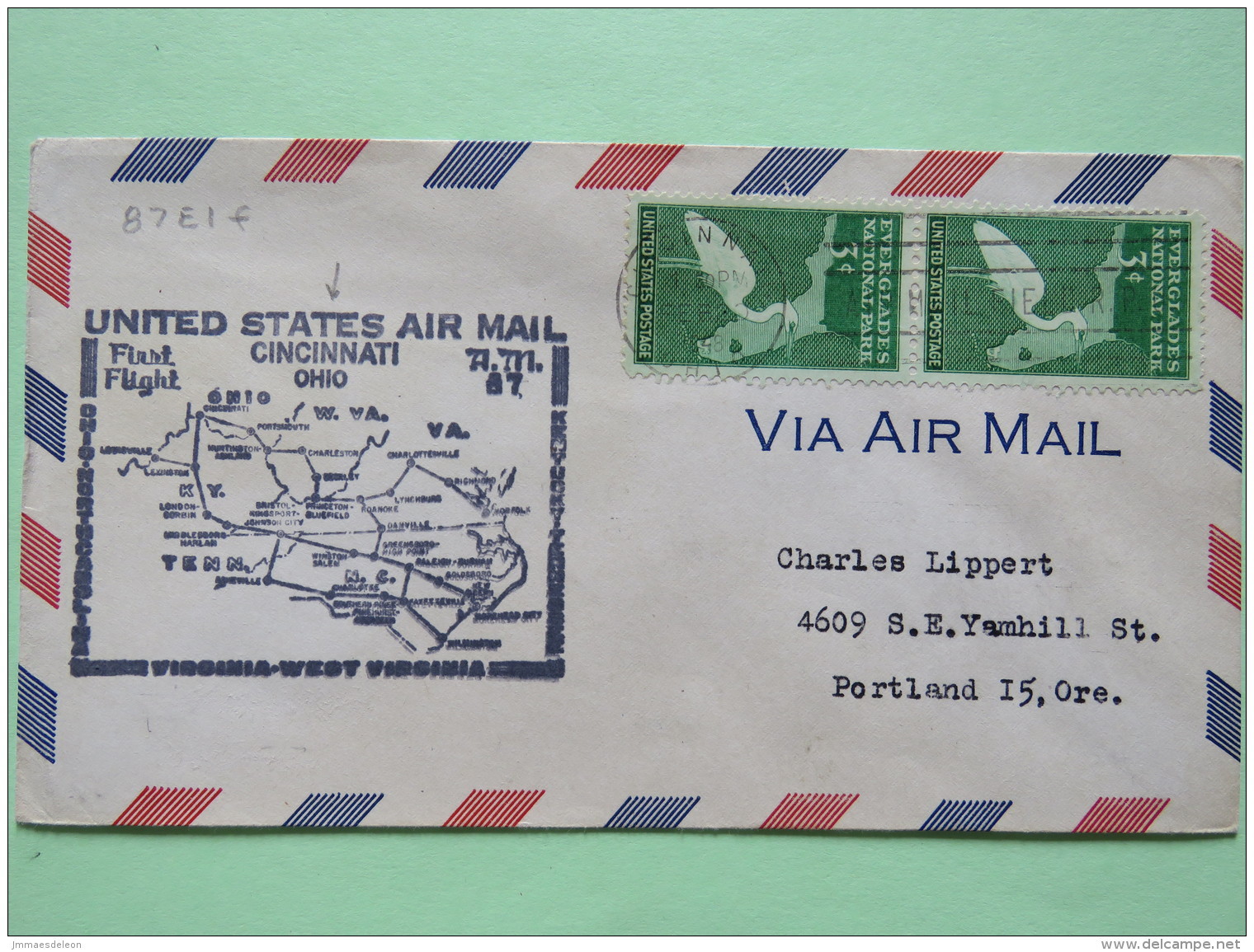 USA 1948 First Flight Cover Cincinnati (Wilmington Back Cancel) To Portland - Everglades Egret Bird - Map - Lettres & Documents