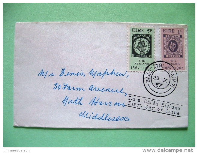 Ireland 1967 FDC Cover To England - Stamp On Stamp - Fenian Cinderella - Covers & Documents