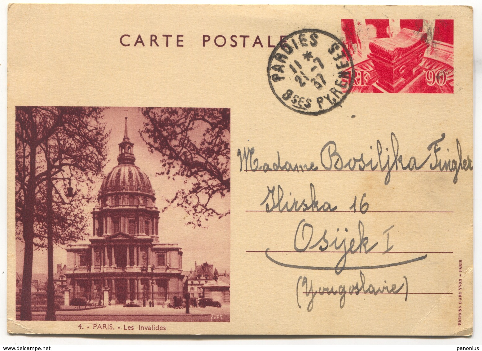 Pardies France 1937. Illustrated Postal Stationery Paris, Traveled To Croatia - Cartes Postales Types Et TSC (avant 1995)