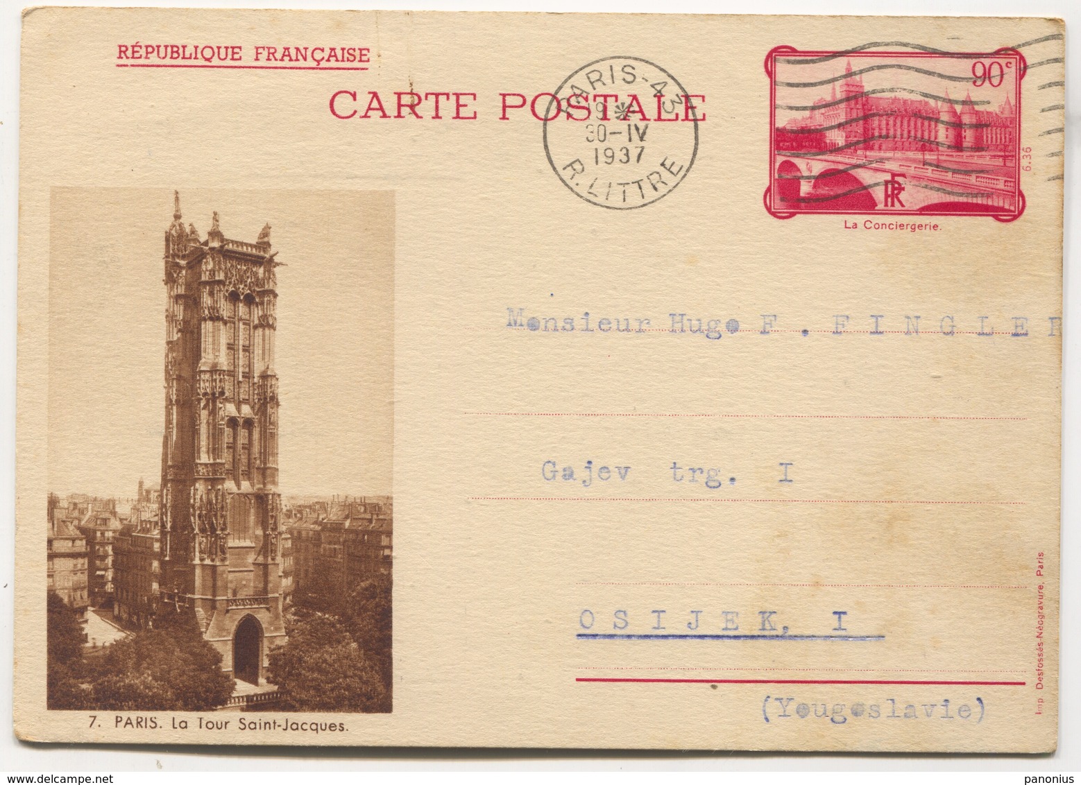 Paris France 1937. Illustrated Postal Stationery, Traveled To Croatia - Cartes Postales Types Et TSC (avant 1995)