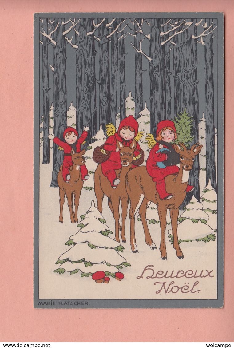 OLD POSTCARD -  ARTIST SIGNED MARIE FLATSCHER - MERRY CHRISTMAS - FAIRY GIRLS RIDING A DEER - ED. WENAU DELILA - Other & Unclassified