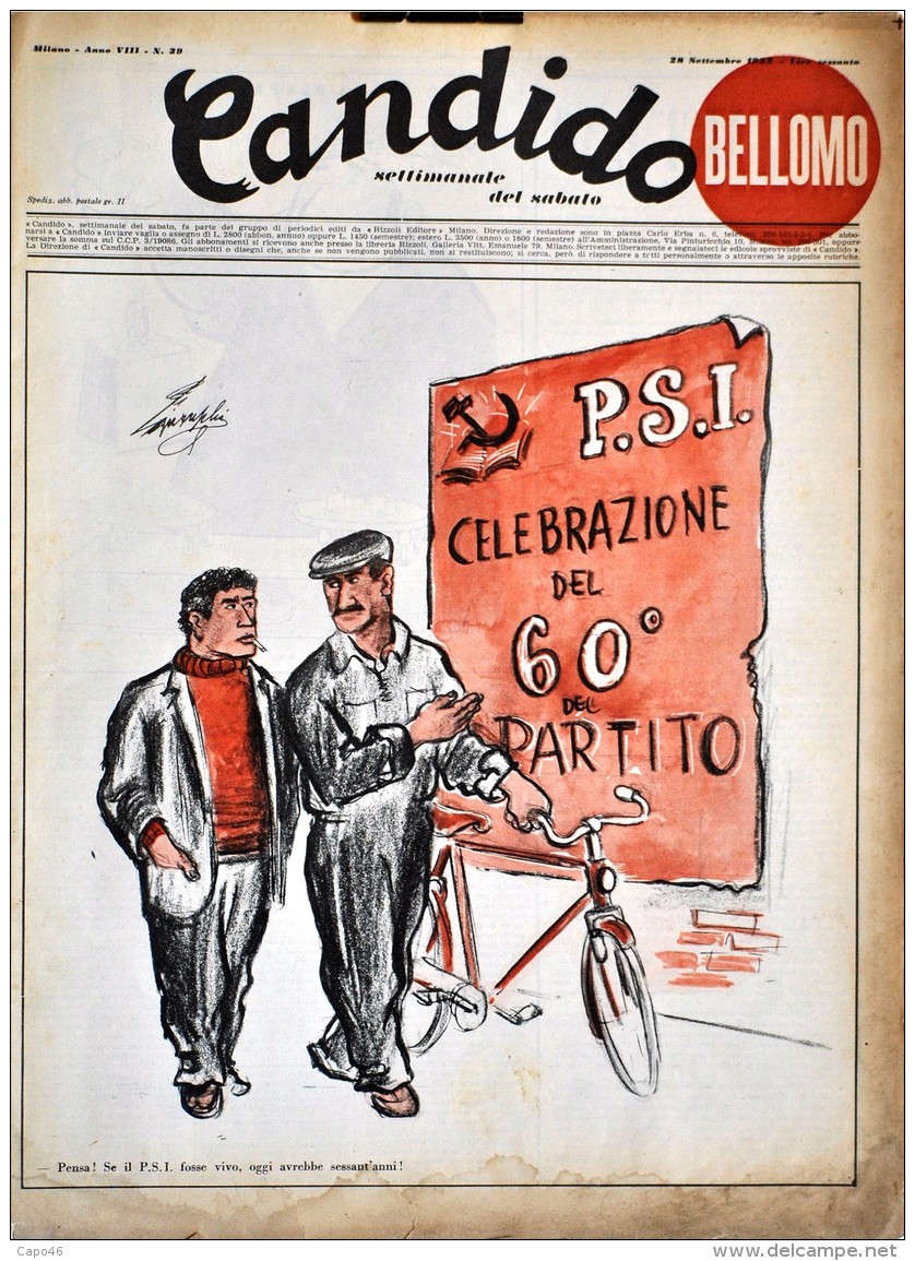 CANDIDO - N° 39 - 28 SETTEMBRE 1952 - PENSA SE IL P.S.I. FOSSE VIVO, OGGI AVREBBE SESSANT'ANNI - Otros & Sin Clasificación