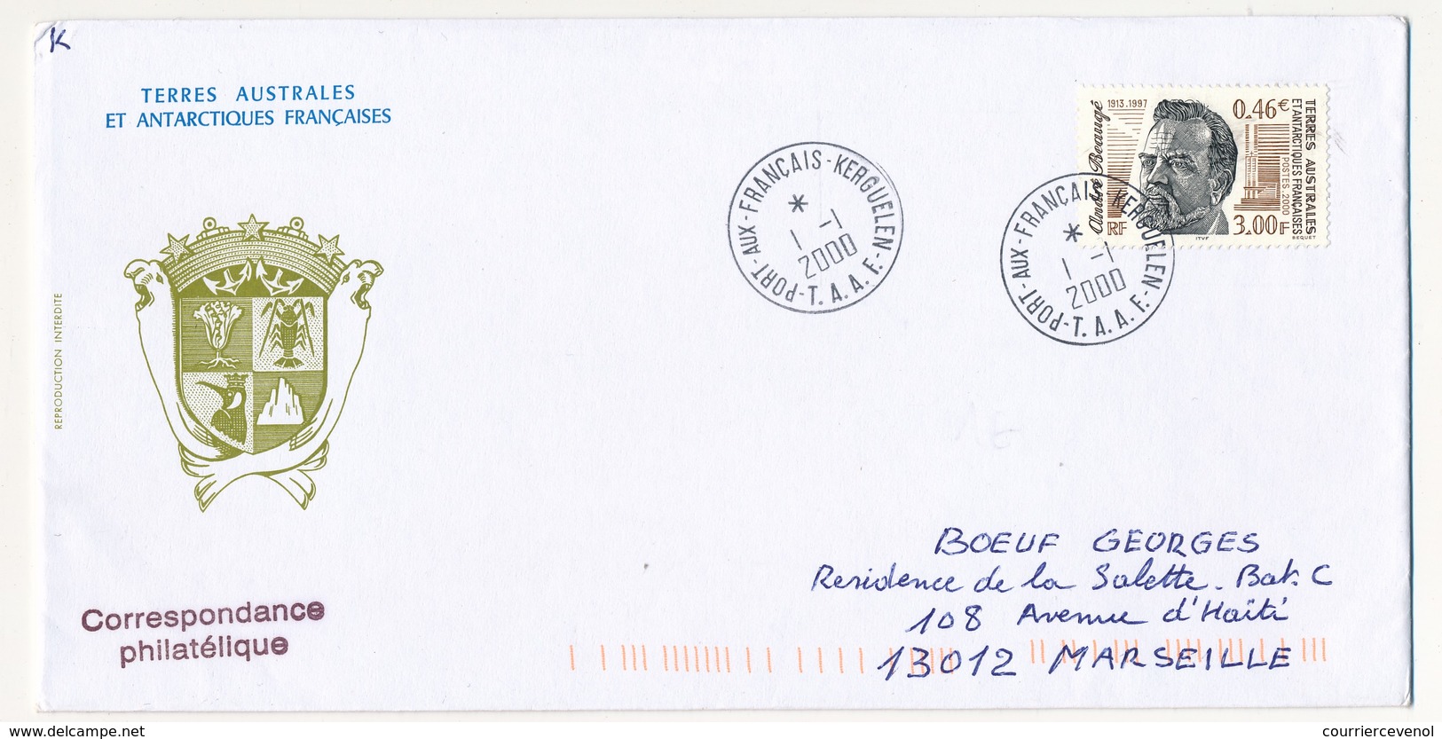 T.A.A.F - Enveloppe Affr 0,46E André Beaugé - Port Aux Français Kerguelen - 1/1/2000 - FDC