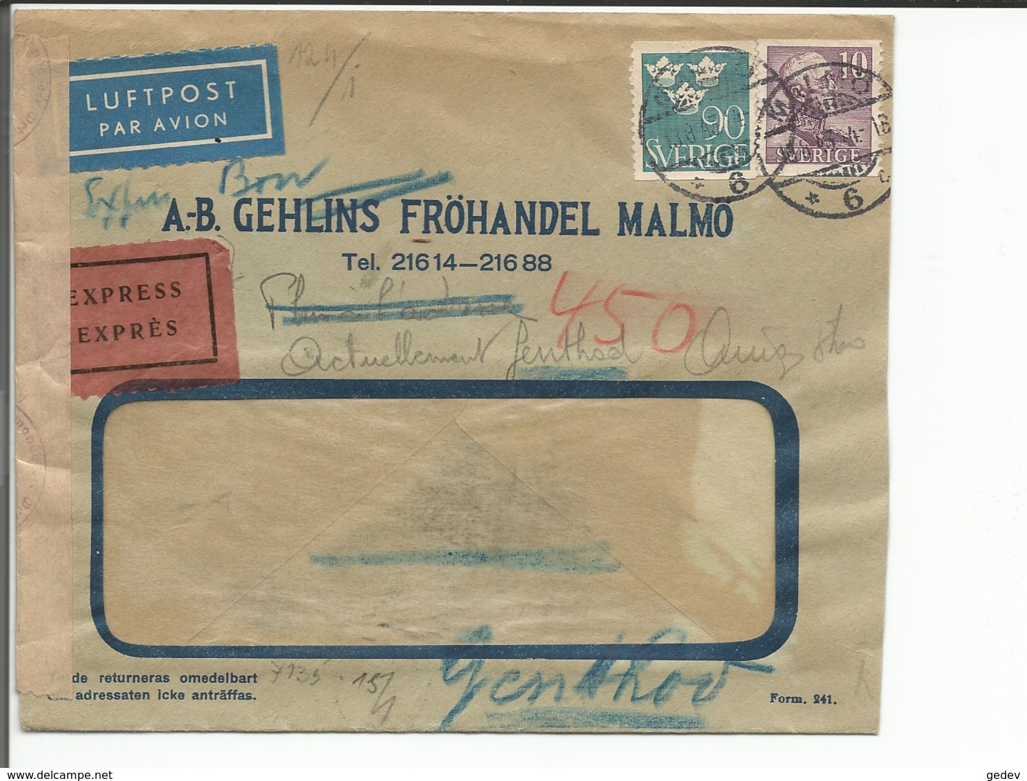 Suède, Lettre Exprès Par Avion, Censure, A.B. Gehlins Fröhandel Malmö - Genthod Suisse (13.8.1943) - 1930- ... Coil Stamps II