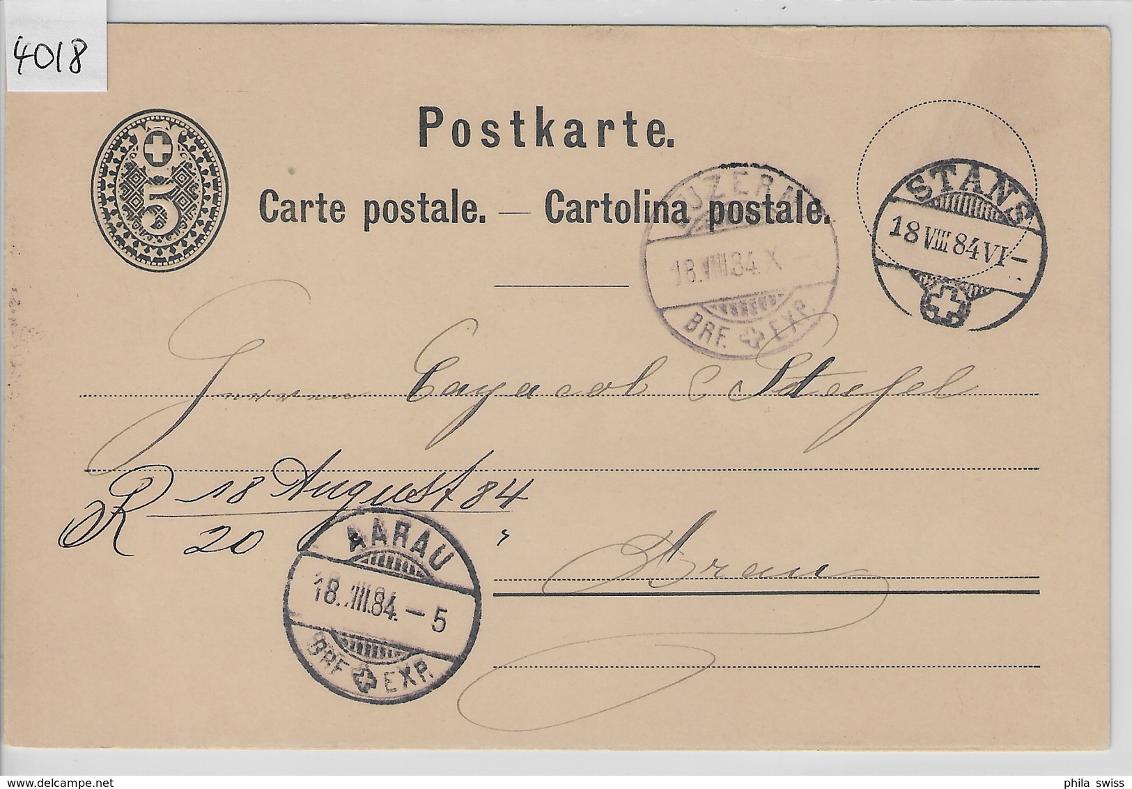 1879 PK 12 - Stempel: Stans Via Luzern To Aarau 18.VIII.84 - Interi Postali