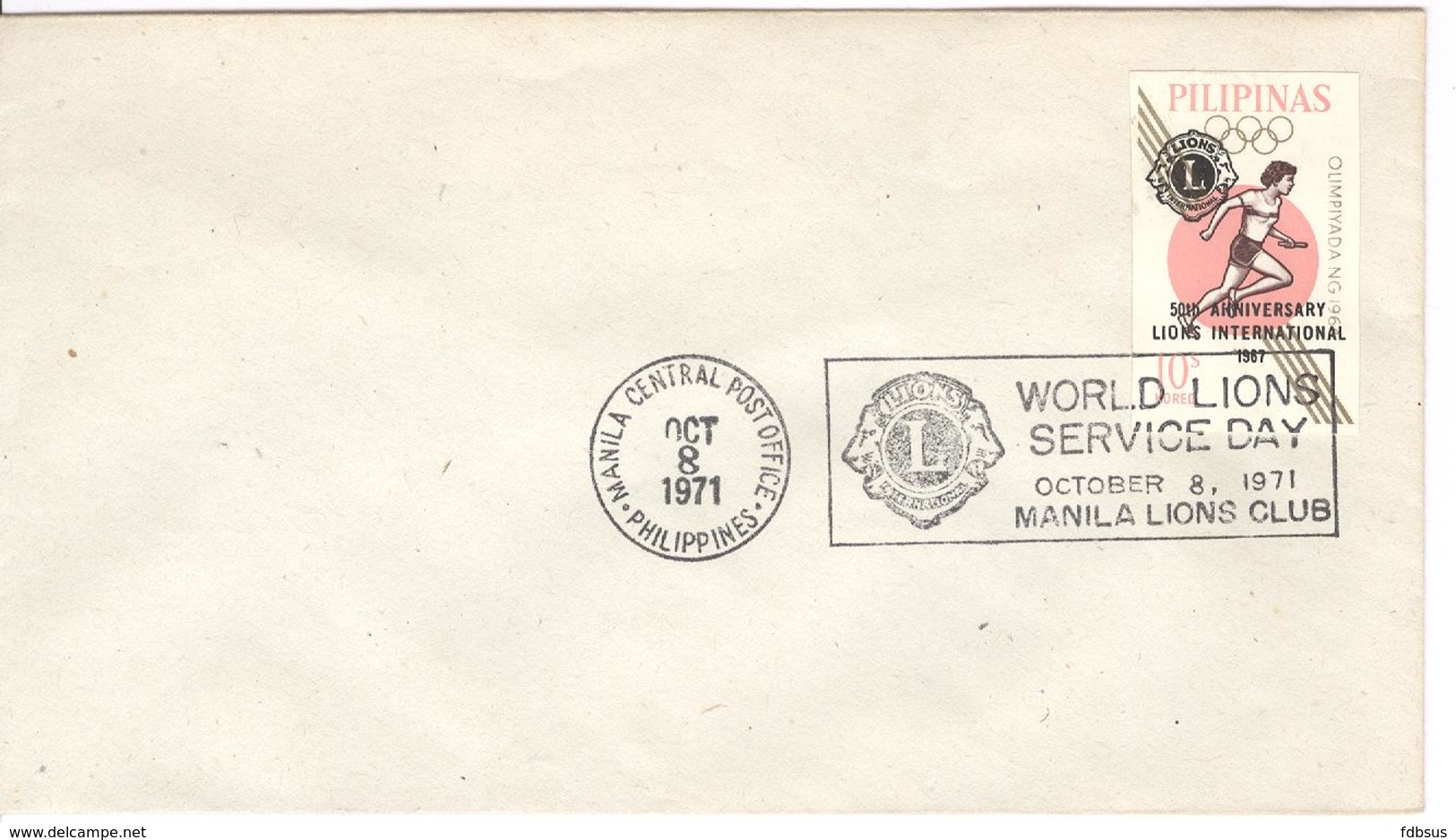 1971 - MI 819 NON DENTELE ON ENVELOPPE - WORLD LIONS SERVICE DAY - OLYMPIADE 1964 -  Manila Central Post Office - Philippines