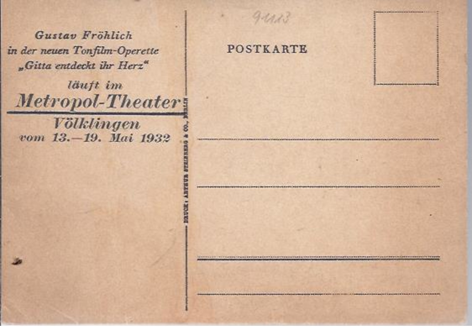 Alte Autogrammkarte 1932 Von Gustav Fröhich - Im Metropol Theater , Völklingen Saar  -  **AK-91113 - Autres & Non Classés