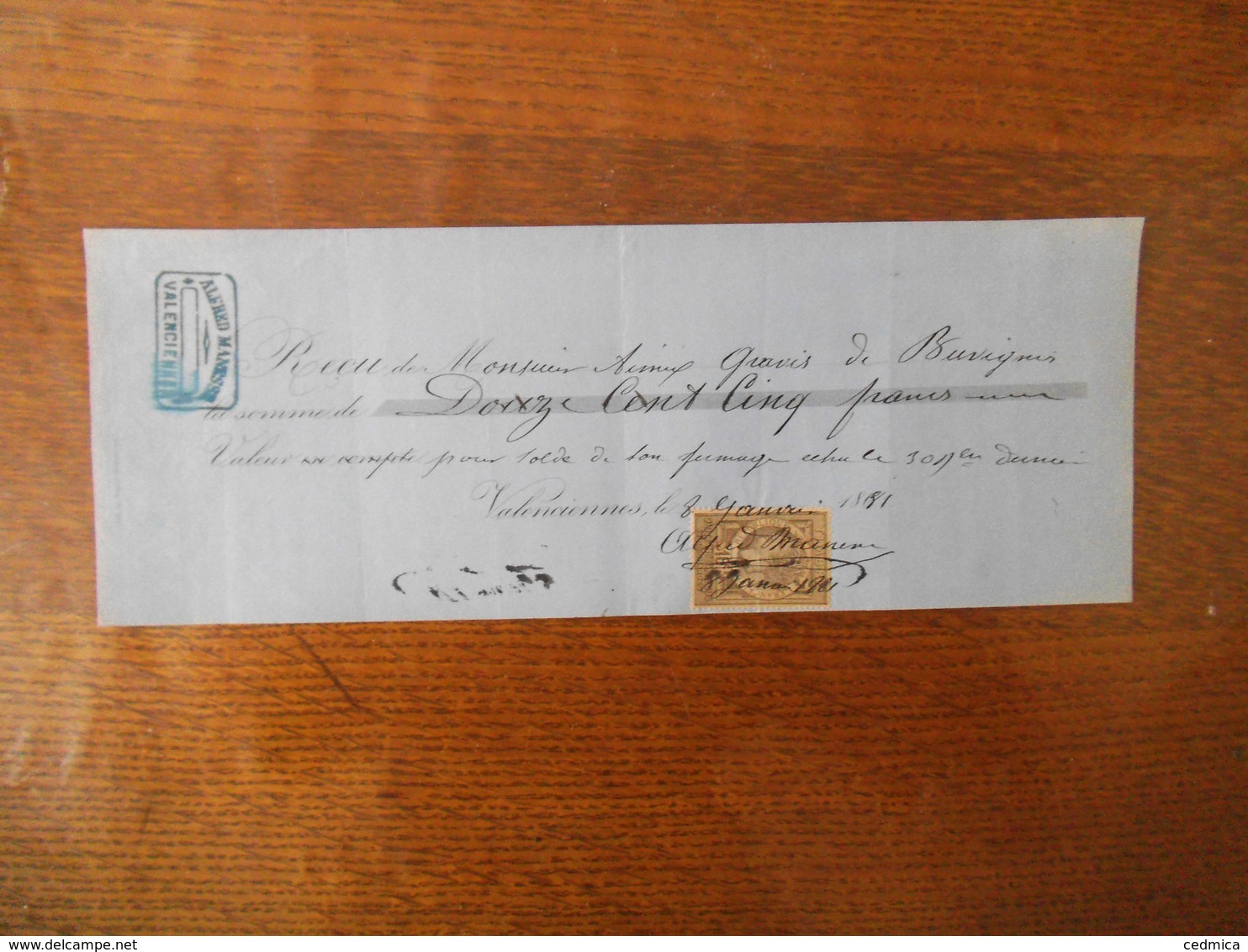VALENCIENNES ALFRED MANESSE RECU DE MONSIEUR GRAVIS DE BUVIGNIES DU 8 JANVIER 1881 TIMBRE QUITTANCES - Manuscrits