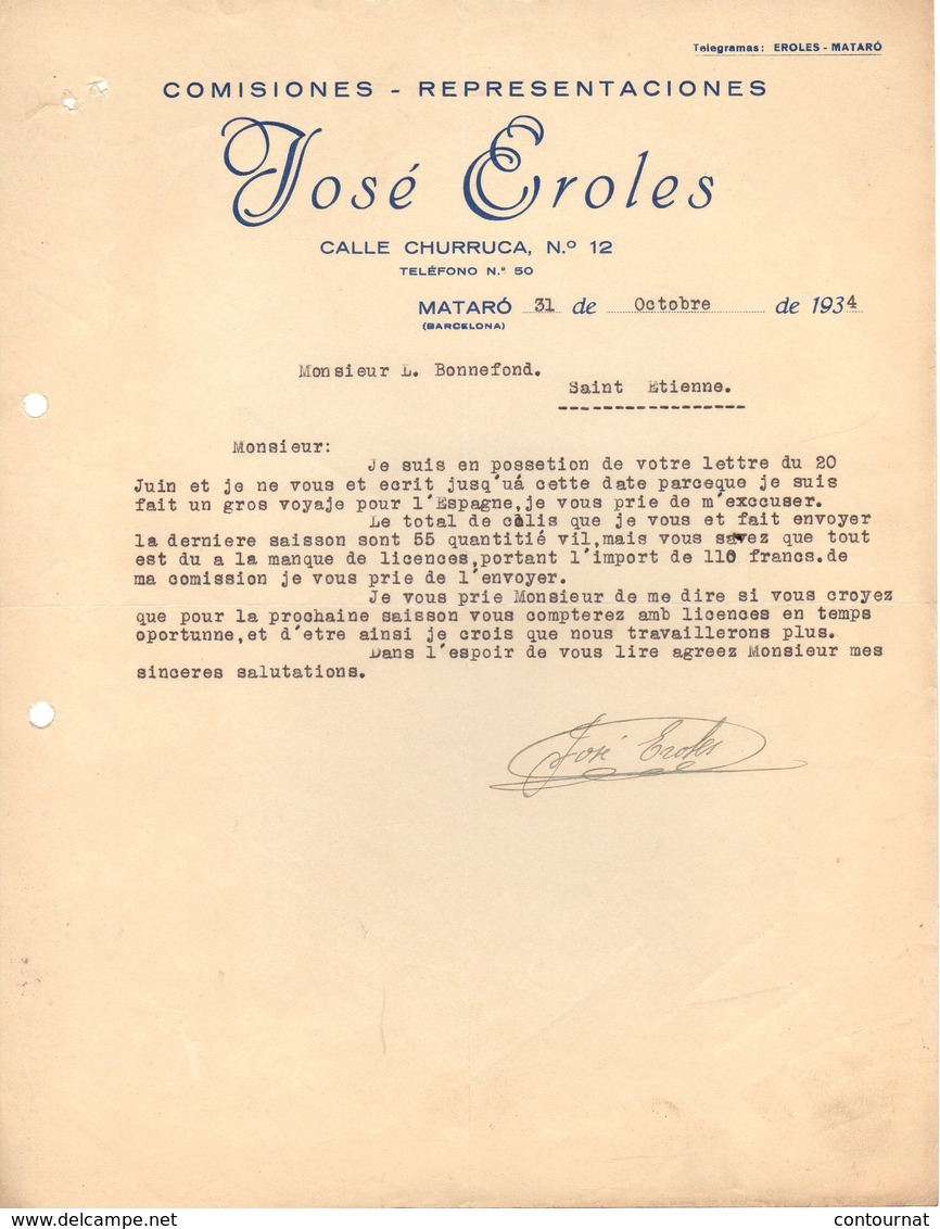 ESPAGNE MATARO BARCELONA COURRIER 1934 Comisiones Jose CROLES-  A22 - España