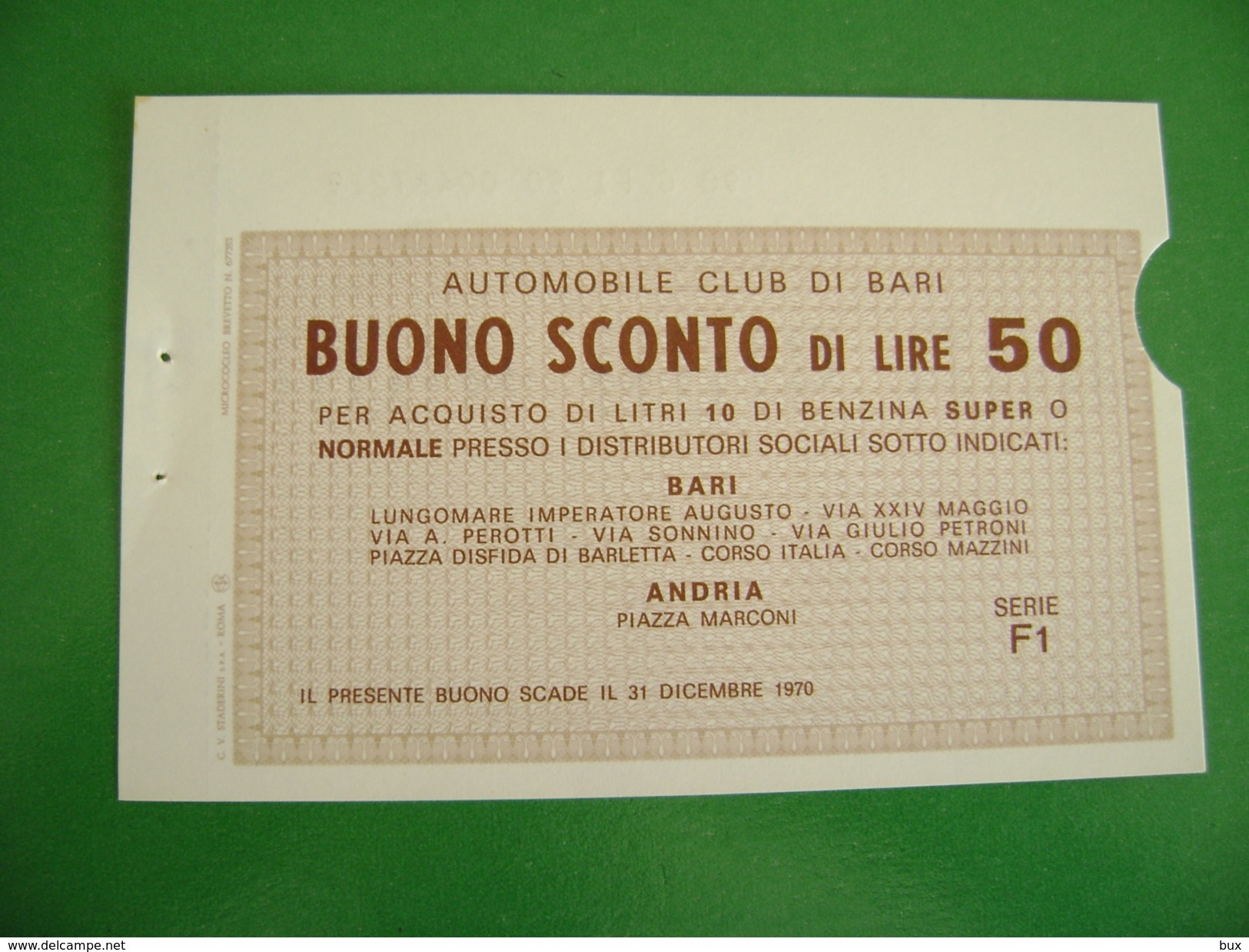 BARI   ANDRIA   BUONO SCONTO 50 LIRE  DISTRIBUTORI BENZINA  AUTOMOBILE CLUB BARI  ACI - Transportmiddelen