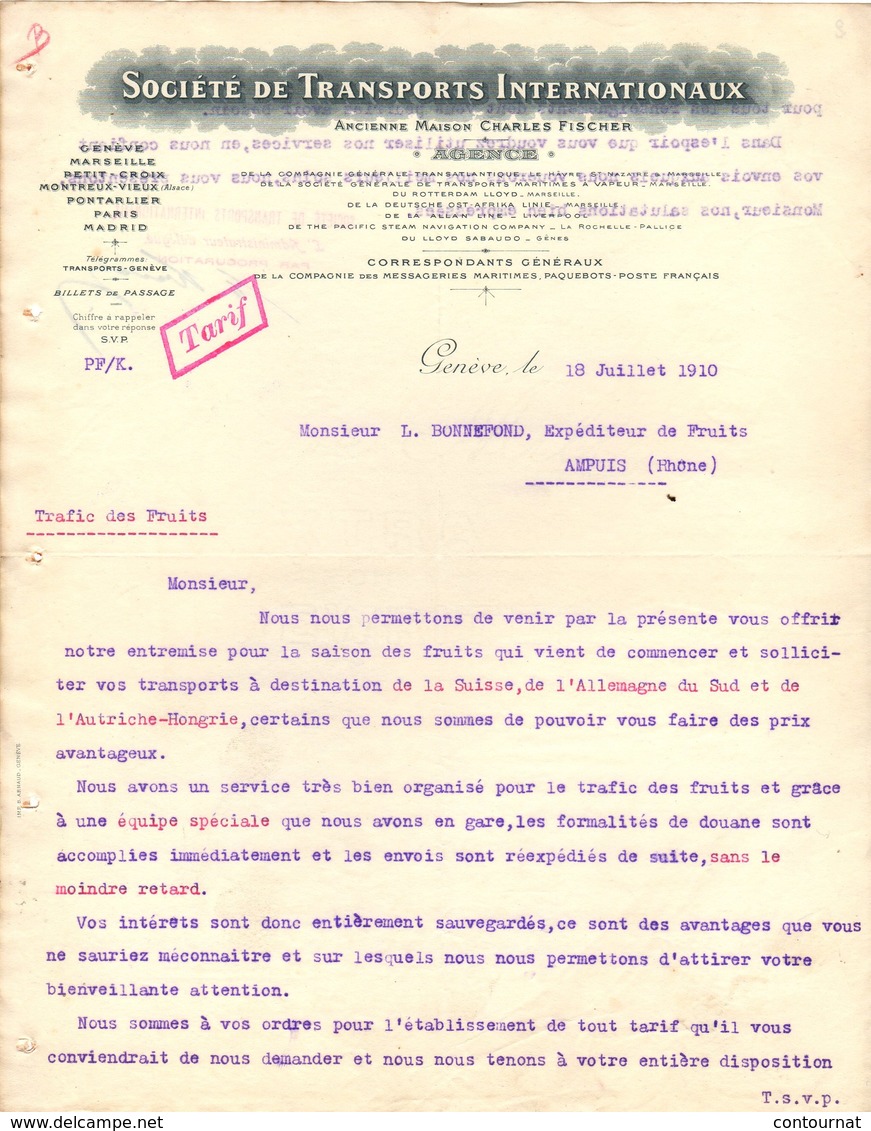 SUISSE GENEVE COURRIER 1910 Société De Transports Internationaux  Anc. Charles FISCHER -  A23 - Suisse