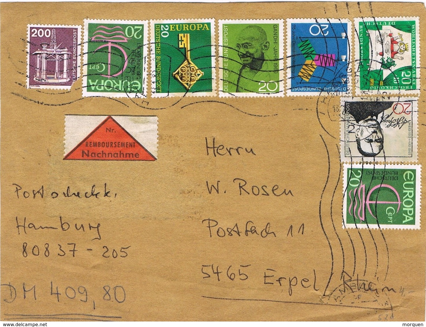 27916. Frontal Paquet HAMBURG (Alemania Federal) 1982. Nachnahme. Envio Dinero, Label - Cartas & Documentos