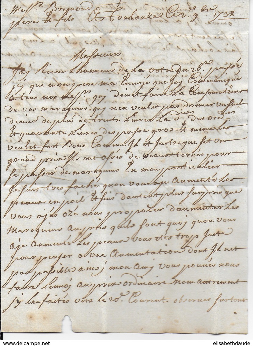 1738 - HAUTE GARONNE - LETTRE De TOULOUSE Avec MARQUE LINEAIRE => BRIGNOLES (VAR) - 1701-1800: Précurseurs XVIII