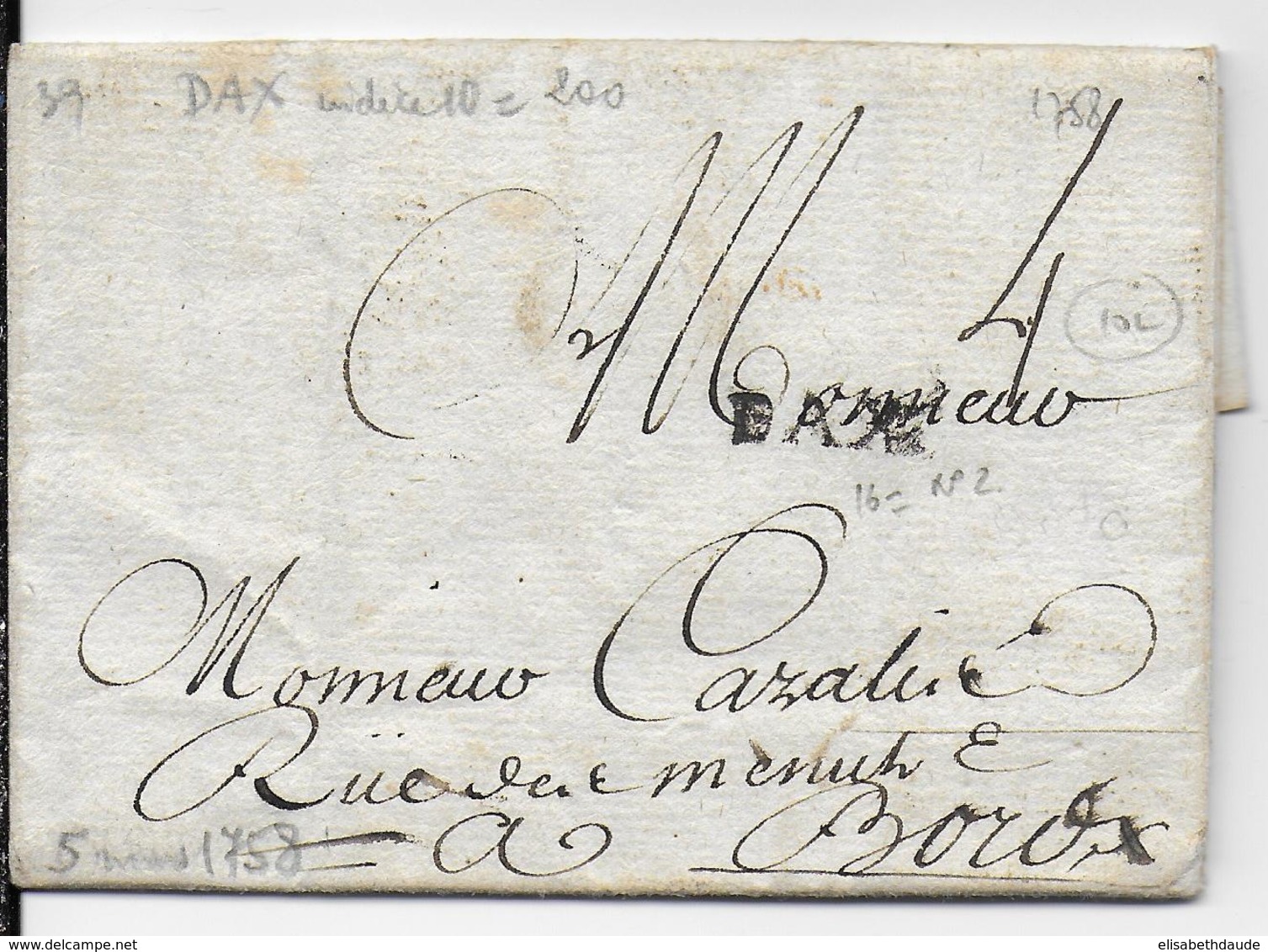 1758 - LANDES - LETTRE De DAX Avec MARQUE LINEAIRE => BORDEAUX - 1701-1800: Précurseurs XVIII