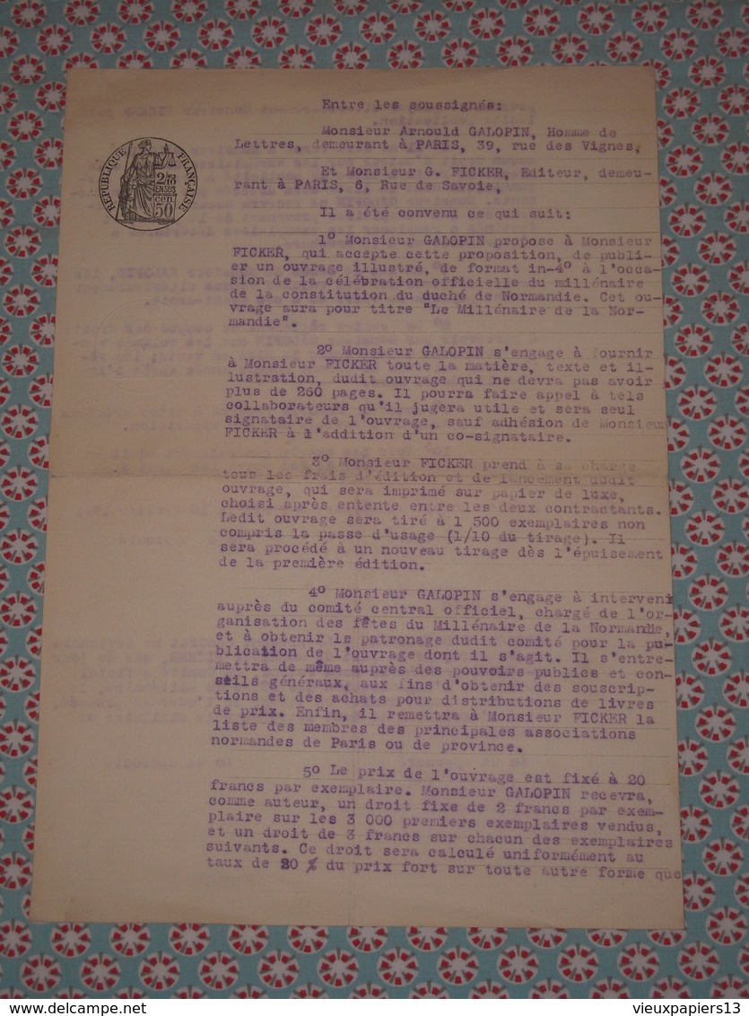 Rare Autographe écrivain SF Arnould GALOPIN Sur Contrat D'édition Avec Ficker - Millénaire De La NORMANDIE 1911 - Autres & Non Classés