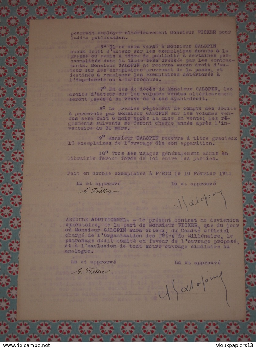 Rare Autographe écrivain SF Arnould GALOPIN Sur Contrat D'édition Avec Ficker - Millénaire De La NORMANDIE 1911 - Autres & Non Classés