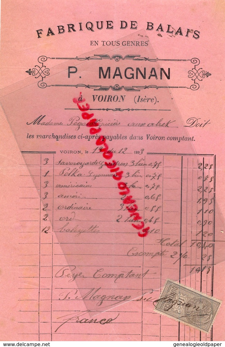 38- VOIRON- RARE FACTURE MANUSCRITE SIGNEE P. MAGNAN- FABRIQUE DE BALAIS-1893 - 1800 – 1899