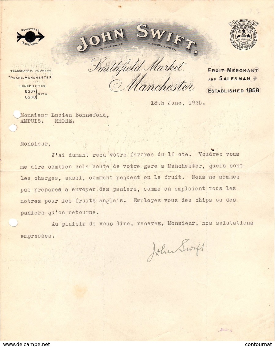 ANGLETERRE  MANCHESTER COURRIER 1925 SMITHFIELD MARKET  John SWIFT   A23 - Ver. Königreich