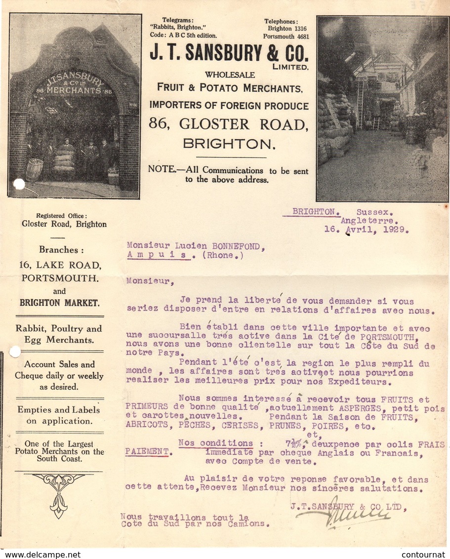 ANGLETERRE  BRIGHTON COURRIER 1929 Fruit & Potato Merchants SANSBURY    A23 - Royaume-Uni