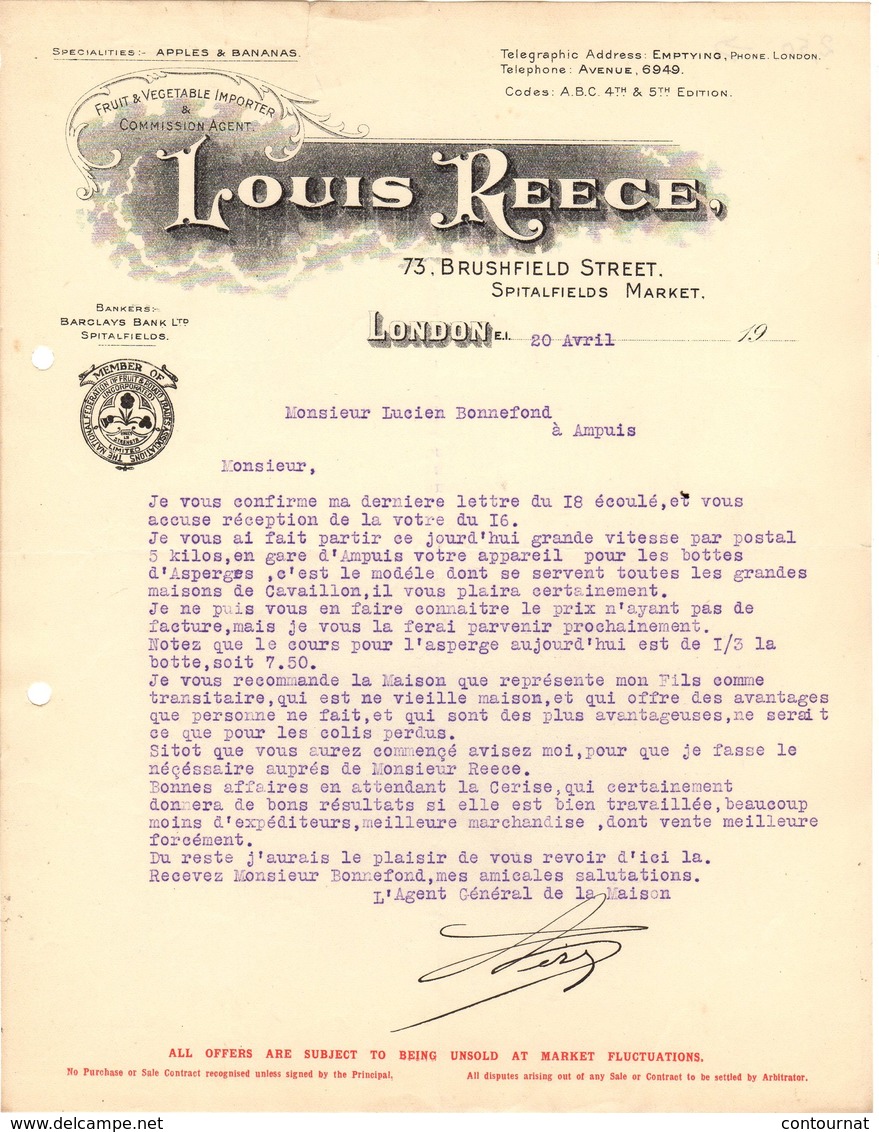 ANGLETERRE LONDON COURRIER 19. Fruit & Vegetable ImporterLouis REEGE    A23 - Ver. Königreich