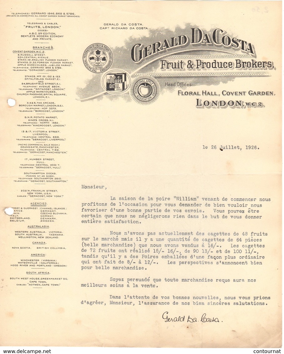ANGLETERRE LONDON COURRIER 1926 Fruit & Produce Brokers Gerald DA COSTA    A23 - Royaume-Uni