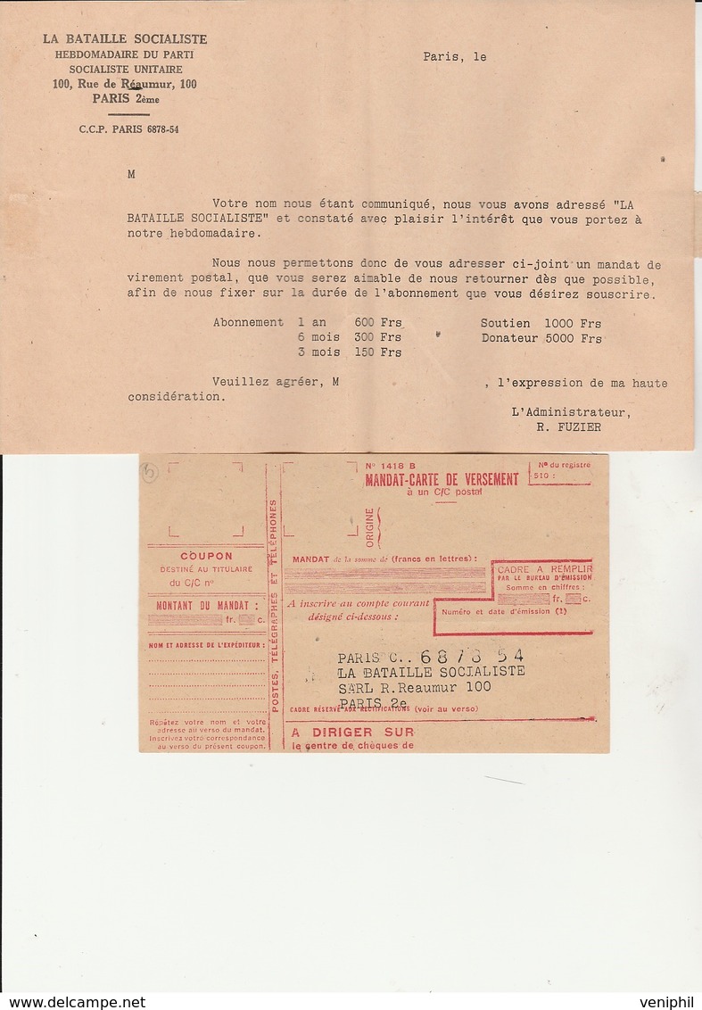 LETTRE AFFRANCHIE PREOBLITERE N° 105 - TB COURRIER HEBDOMADAIRE LA BATAILLE SOCIALISTE - - 1953-1960