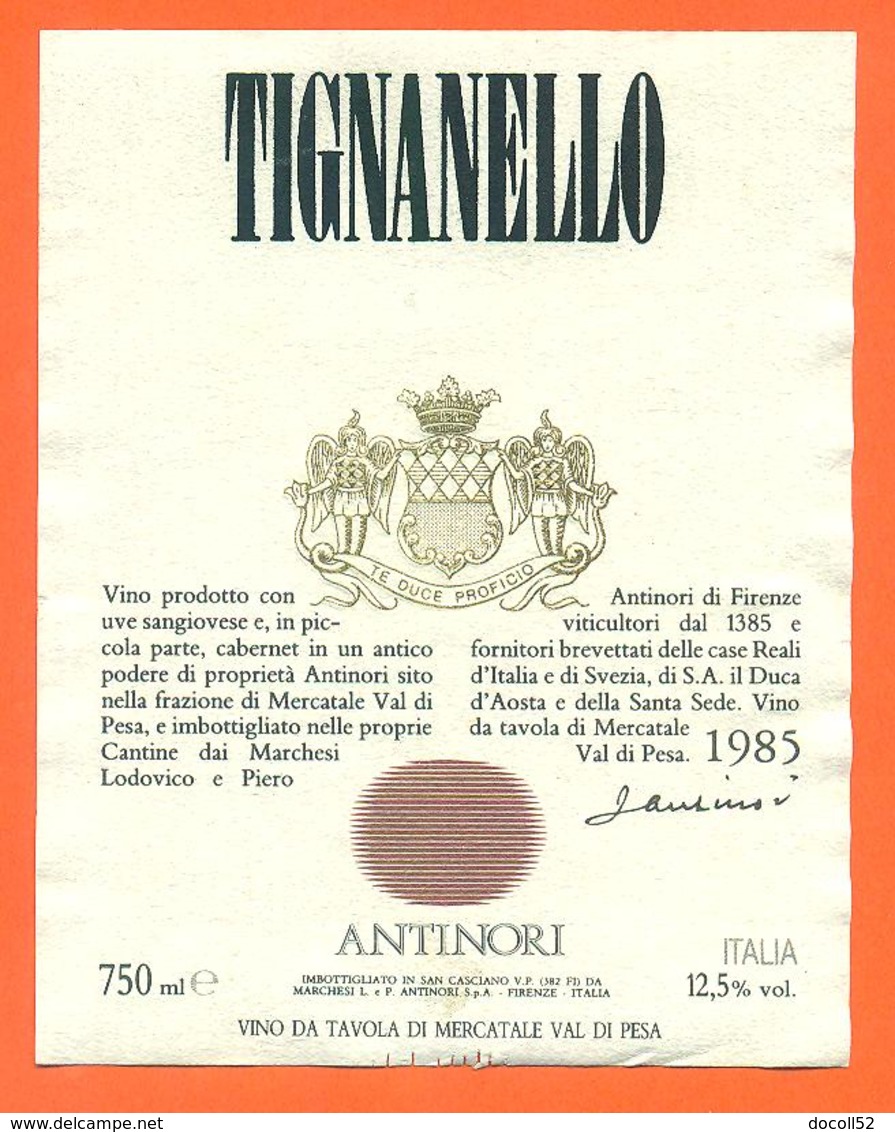 étiquette De Vin Italie - Italia Vino Tignanello Antinori 1985 - 75 Cl - Other & Unclassified