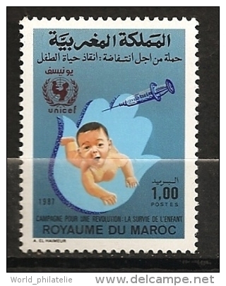 Maroc 1987 N° 1038 ** Survie De L'enfant, Sante, Médecine, Vaccination, Bébé, Main De Fatma, UNICEF, Seringue, Logo - Morocco (1956-...)