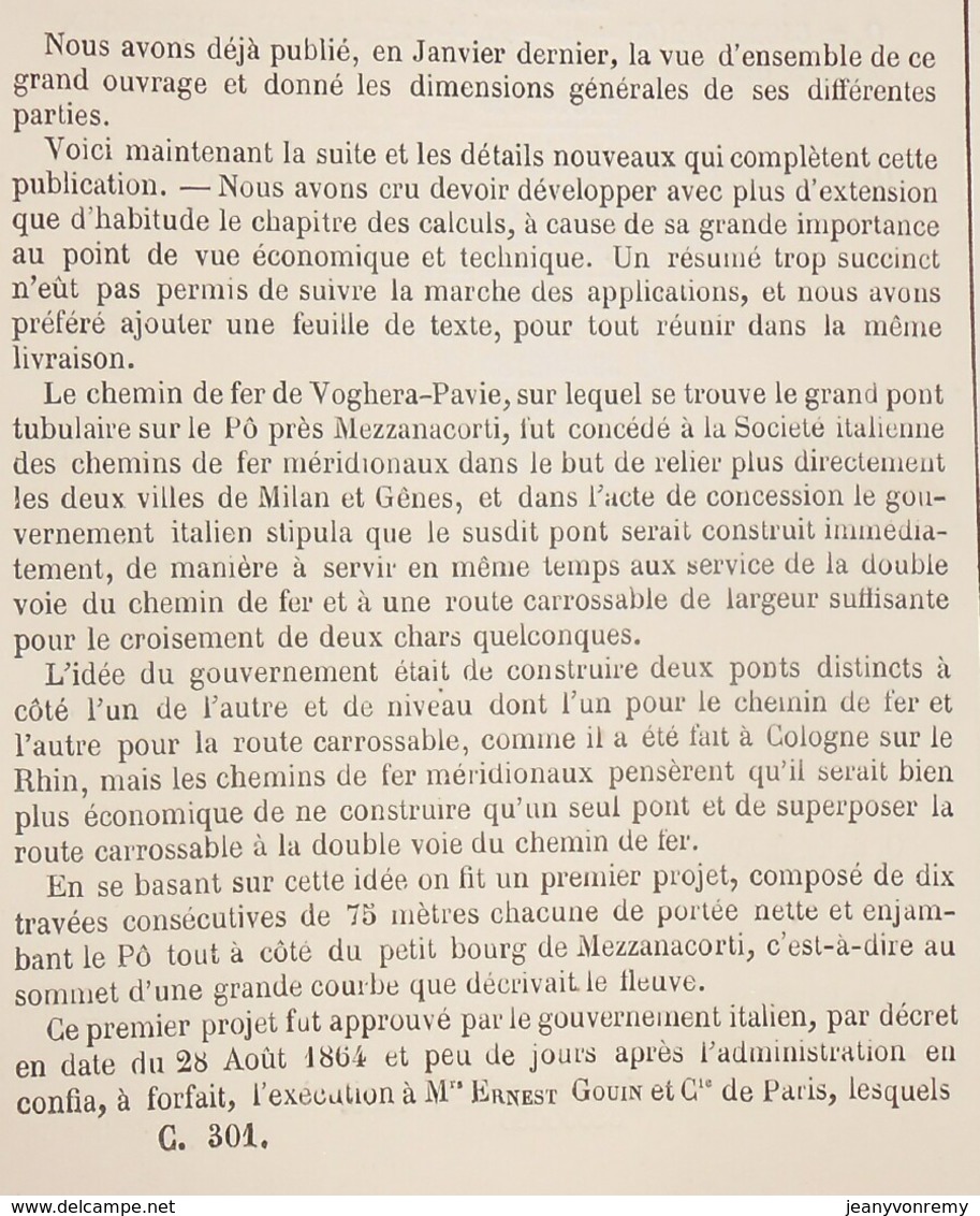 Plan Du Grand Pont De Mezzanacorti Sur Le Pô En Italie. Détails Des Caissons Et Appareils De Fondations. 1869 - Travaux Publics
