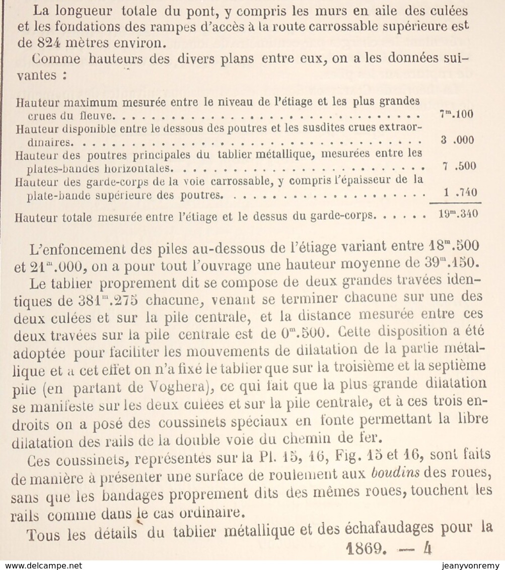 Plan Du Grand Pont De Mezzanacorti Sur Le Pô En Italie. Détails Des Caissons Et Appareils De Fondations. 1869 - Public Works