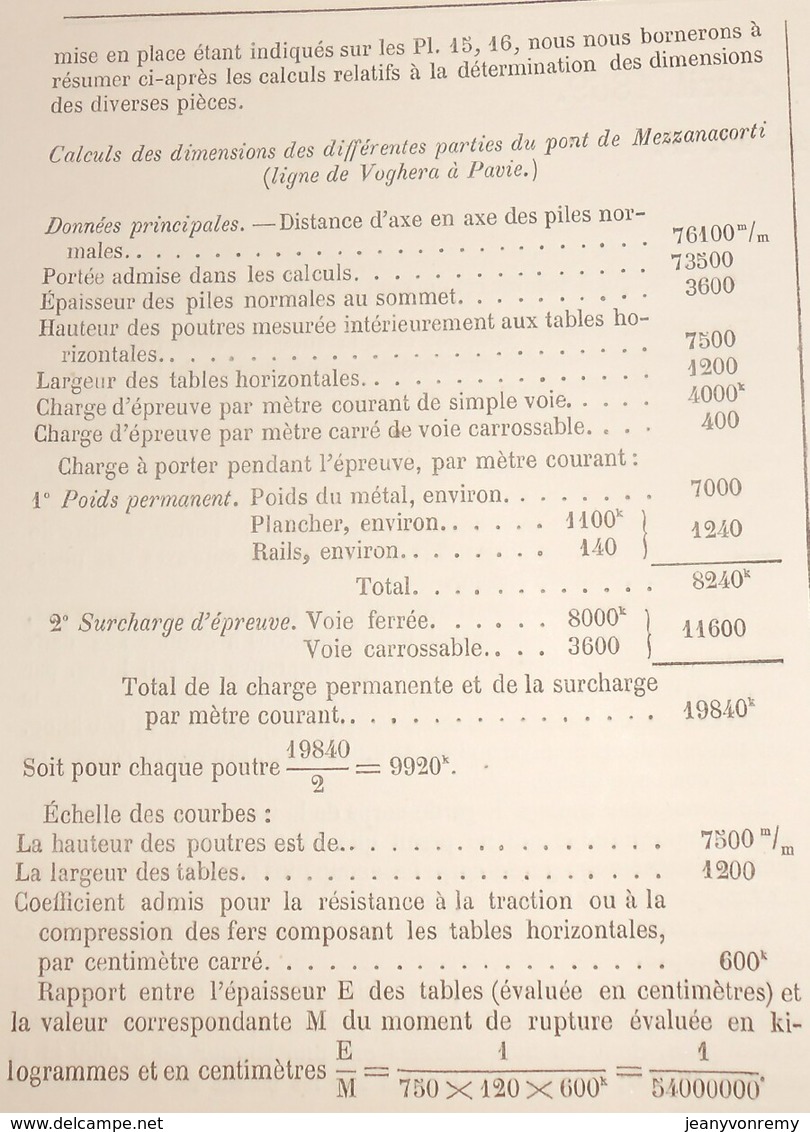 Plan Du Grand Pont De Mezzanacorti Sur Le Pô En Italie. Détails Des Caissons Et Appareils De Fondations. 1869 - Travaux Publics