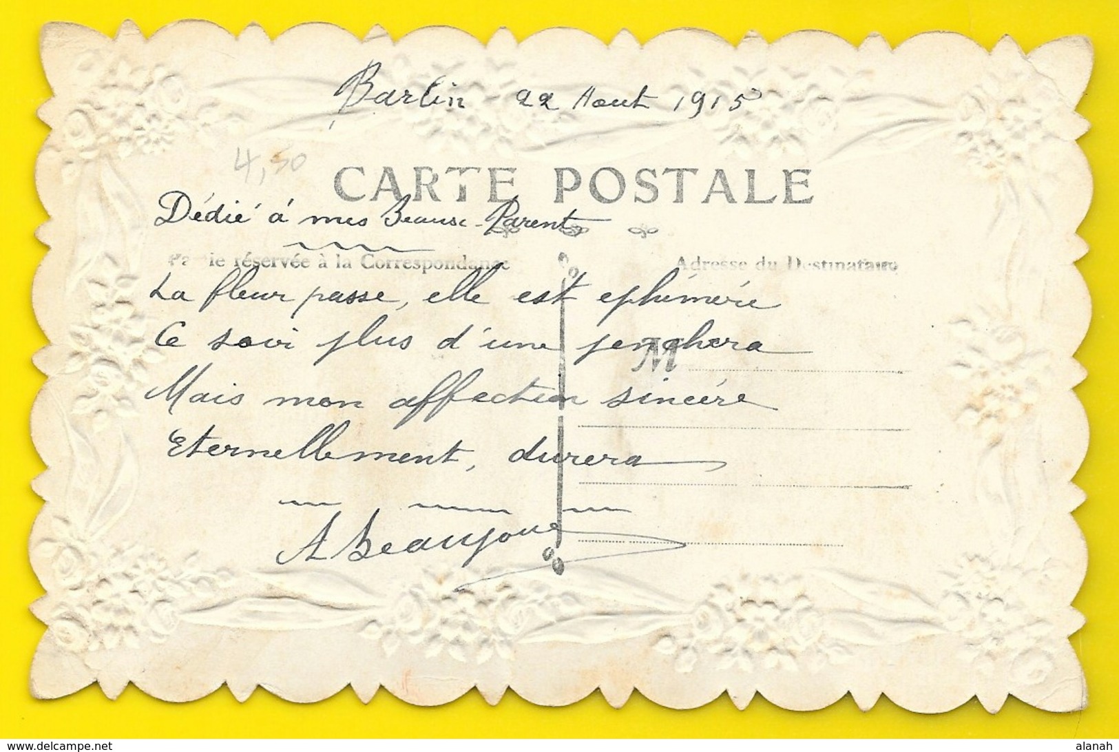 Très Belle Carte Peinte à La Main 1915 Gaufrée écrite De Barlin (62) - Oorlog 1914-18