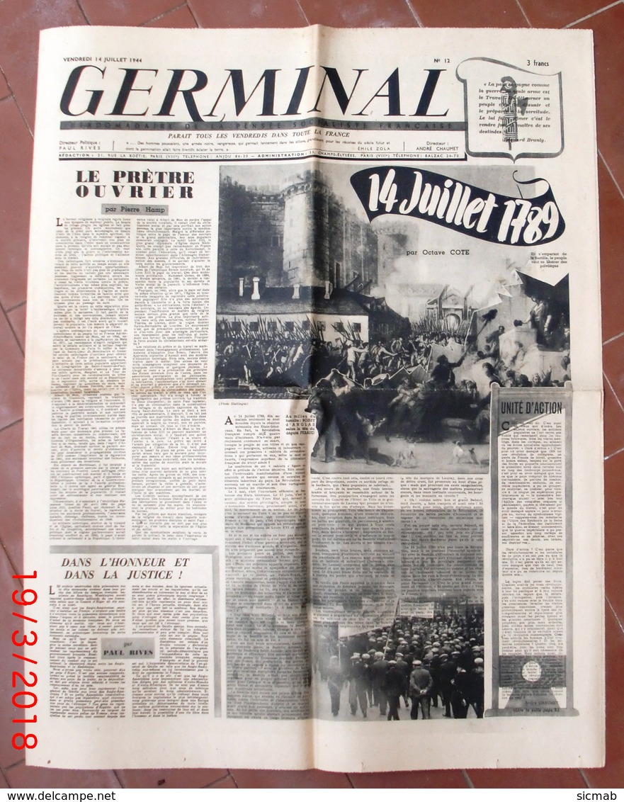 14 JUILLET 1944, N° 12 De GERMINAL," Hebdo De La Pensée Socialiste Française" Dans L'orbite Du RNP De Marcel DEAT - Autres & Non Classés