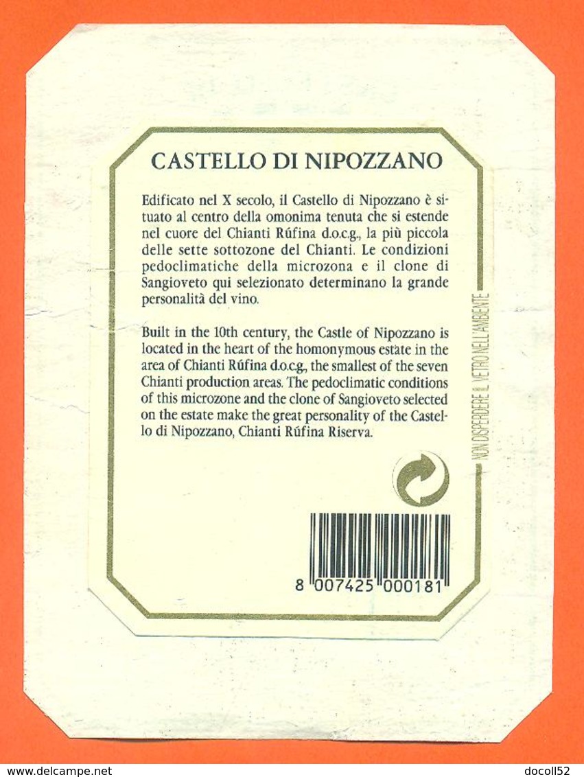 étiquette + Dos De Vin Italie - Italia Vino Chianti Rufina Nipozzano 1990 - 75 Cl - 2 Scans - Altri & Non Classificati