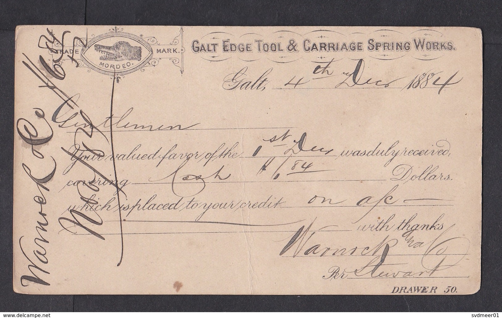 Canada: Stationery Postcard, 1884, Cancel Galt, Private Imprint Tool & Carriage Spring Works, Dog Logo (minor Damage) - Brieven En Documenten