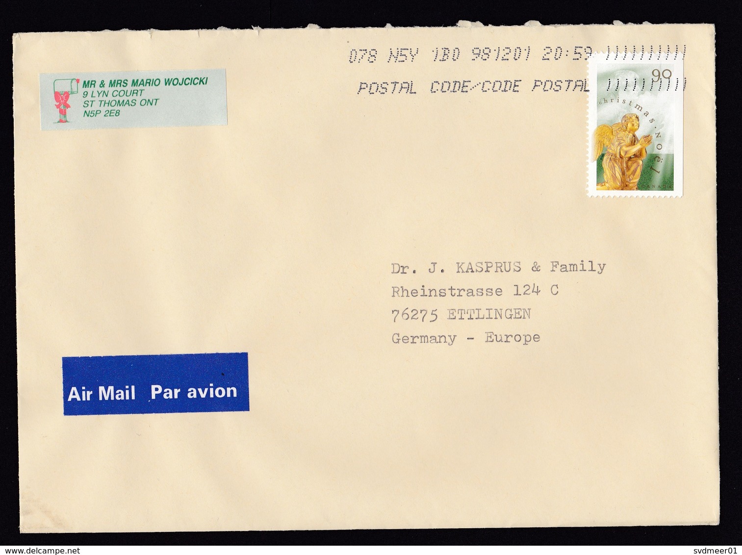 Canada: Airmail Cover To Germany, 1998, 1 Booklet Stamp, Angel, Christmas, Air Label (traces Of Use) - Brieven En Documenten