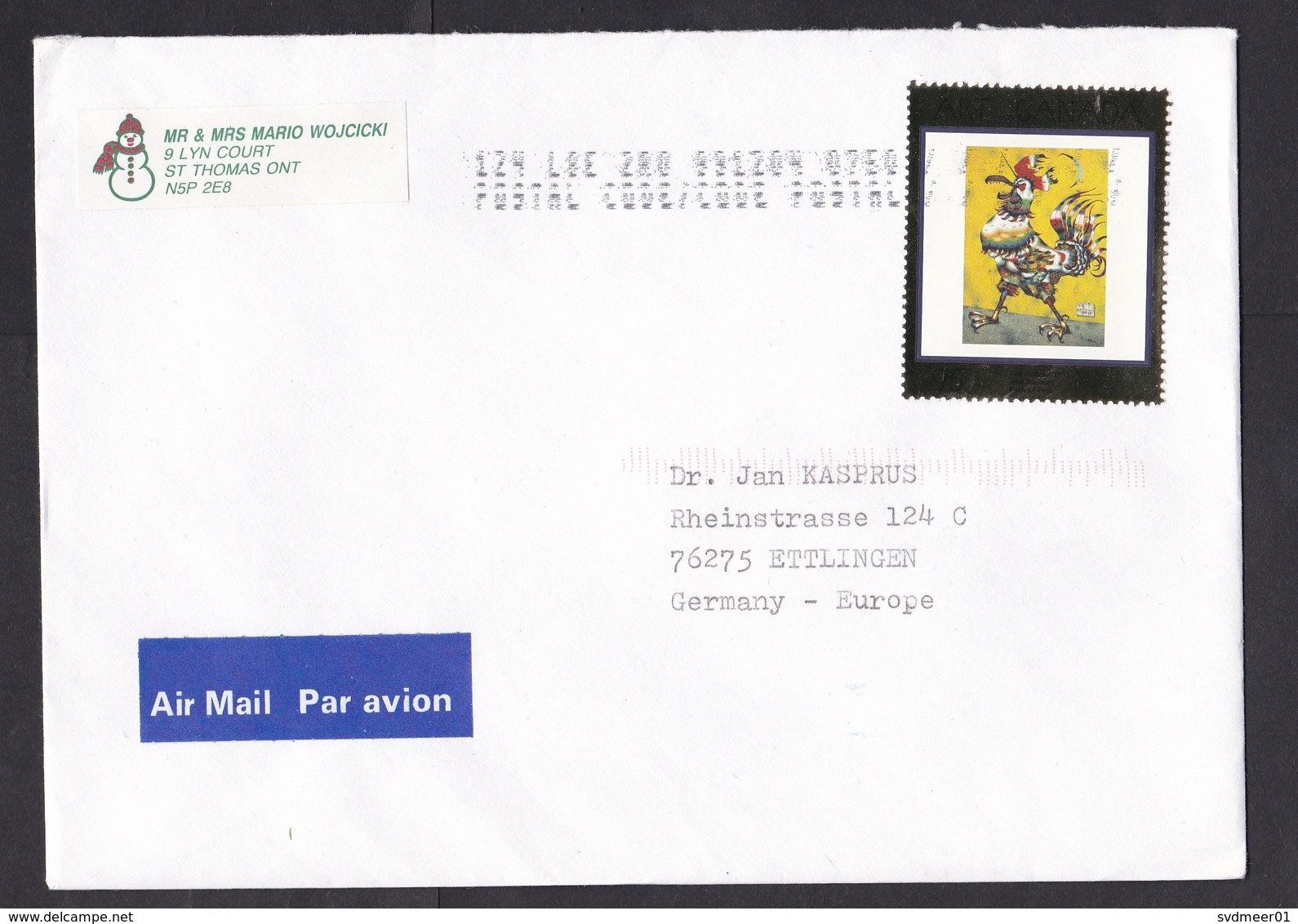 Canada: Airmail Cover To Germany, 1999, 1 Stamp, Painting Dallaire, Rooster, Art, Gold, Air Label (traces Of Use) - Brieven En Documenten