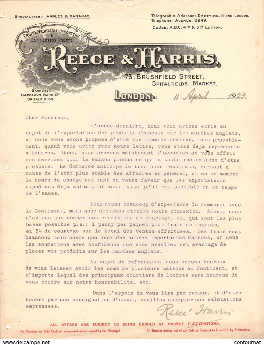 ANGLETERRE LONDON COURRIER 1923 Fruit & Vegetable Importers REECE & HARRIS Spitalfields Market °   A24 - Ver. Königreich