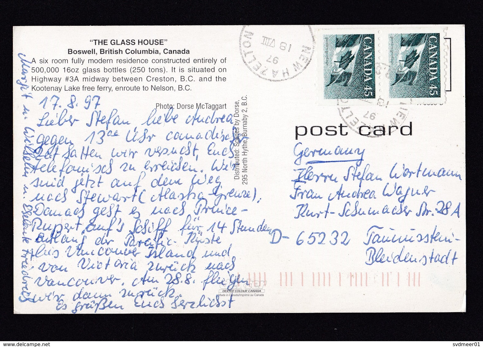 Canada: PPC Picture Postcard To Germany, 1997, 2 Stamps, Flag, Small Cancel New Hazelton, Card: Boswell (traces Of Use) - Brieven En Documenten