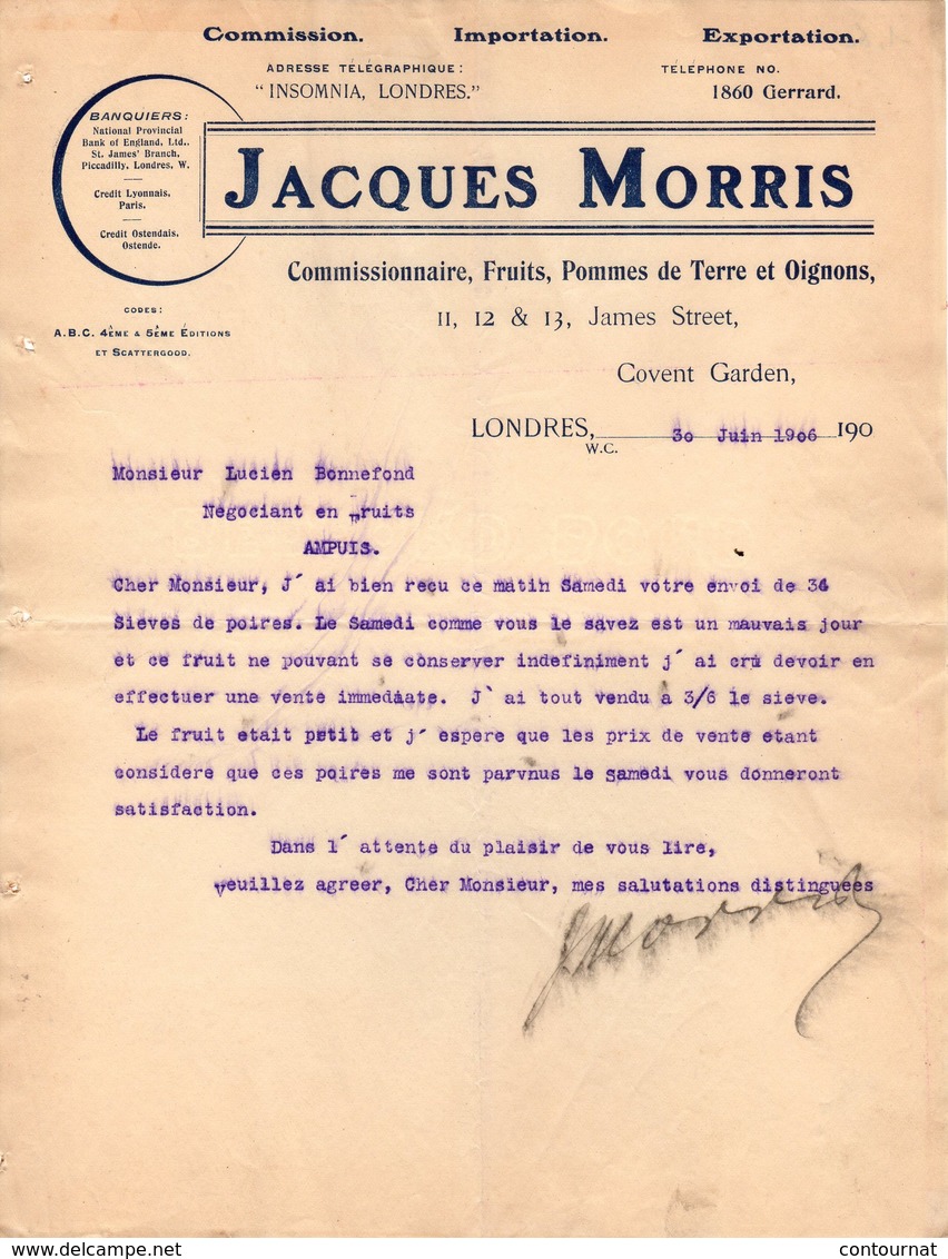 ANGLETERRE LONDRES COURRIER 1906 Fruits Pommes De Terre Jacques MORRIS  °   A24 - United Kingdom